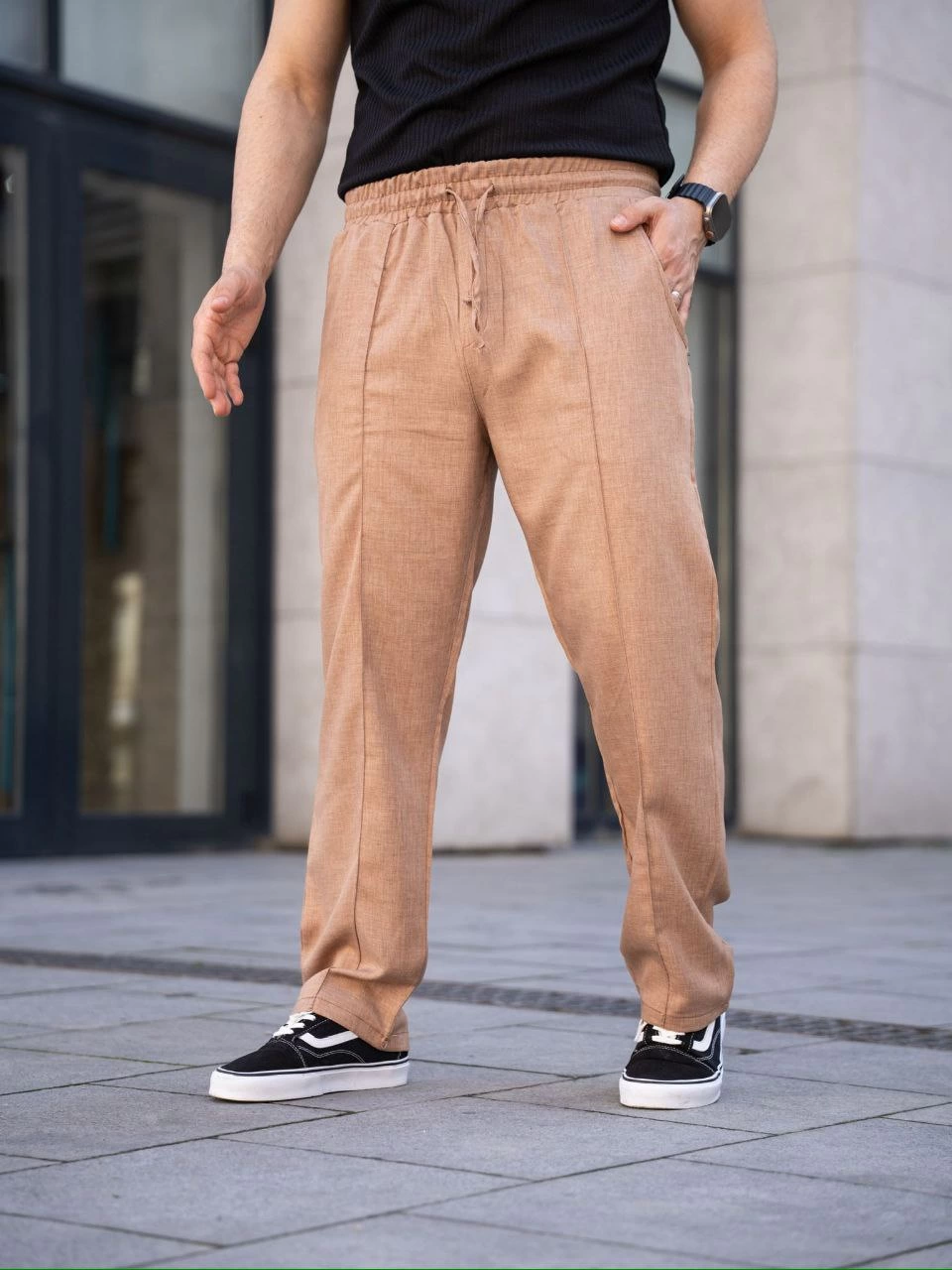 Keten Cepli Çıma Dikişli jogger Buggy Pantalon Rahat kalıp - Kahverengi