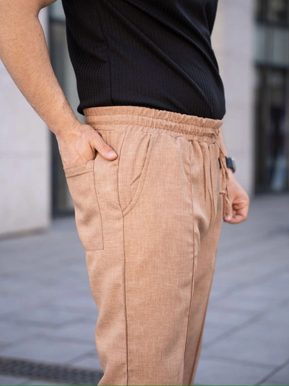 Keten Cepli Çıma Dikişli jogger Buggy Pantalon Rahat kalıp - Kahverengi
