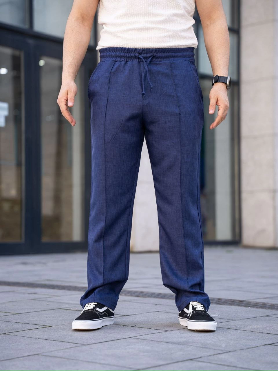 Keten Cepli Çıma Dikişli jogger Buggy Pantalon Rahat kalıp - Lacivert
