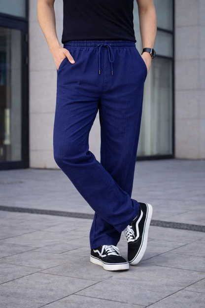 Erkek Keten Cepli Çıma Dikişli jogger Buggy Pantalon Rahat kalıp - Lacivert