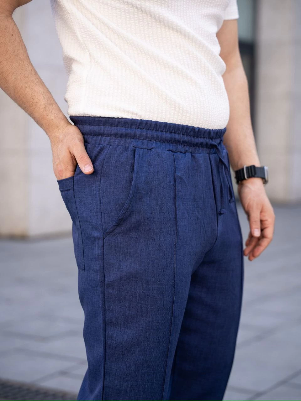 Keten Cepli Çıma Dikişli jogger Buggy Pantalon Rahat kalıp - Lacivert