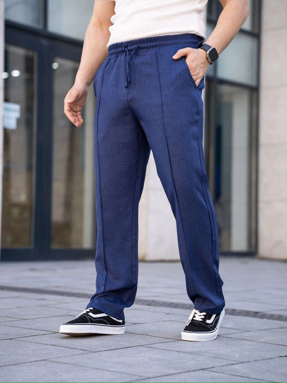 Keten Cepli Çıma Dikişli jogger Buggy Pantalon Rahat kalıp - Lacivert