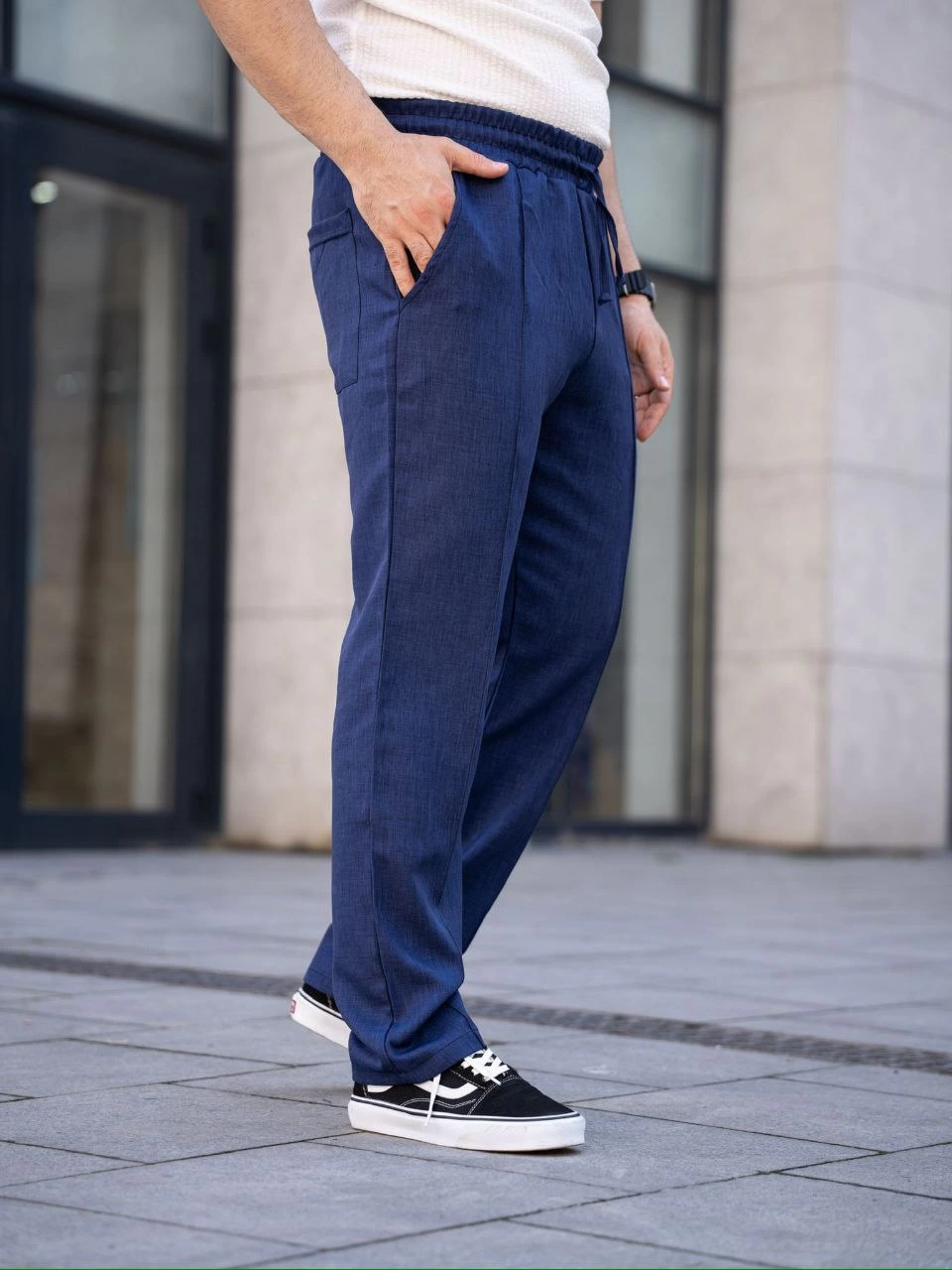 Keten Cepli Çıma Dikişli jogger Buggy Pantalon Rahat kalıp - Lacivert