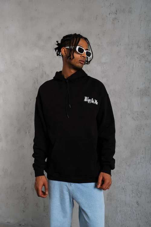 Oversize Kapüşonlu Sweat - Siyah Kol ve Etek Ribana Detaylı -