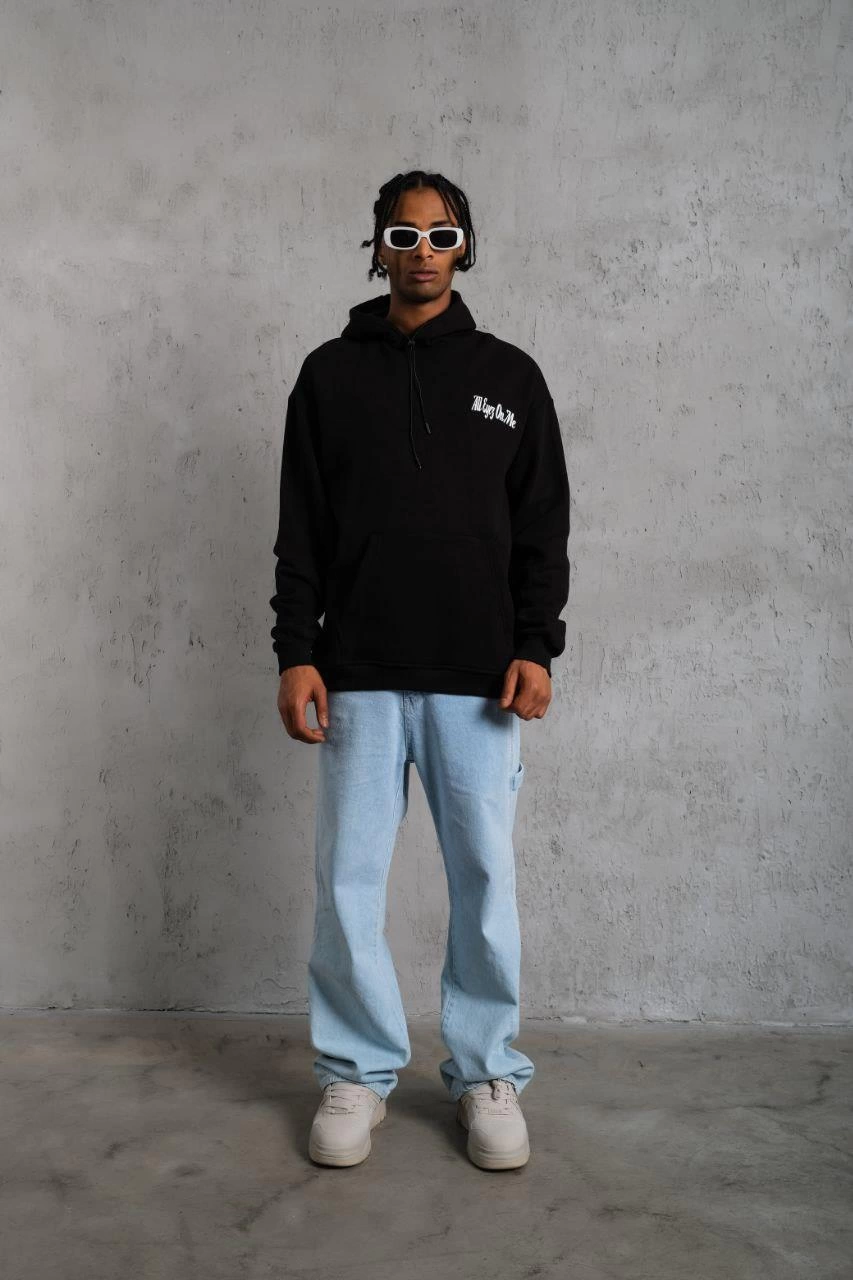 Oversize Kapüşonlu Sweat - Siyah Kol ve Etek Ribana Detaylı -