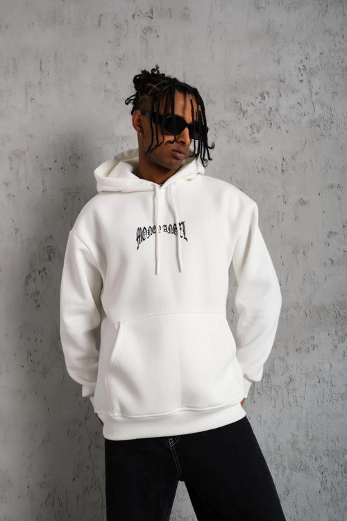 Kordon İpli Baskılı Kapüşonlu Sweatshirt - Beyaz -