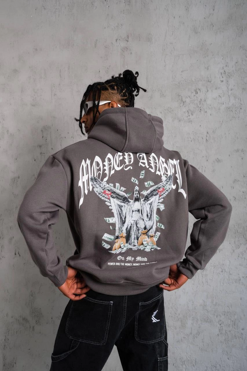 Kordon İpli Baskılı Kapüşonlu Sweatshirt - Füme
