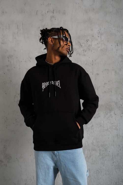 Kordon İpli Baskılı Kapüşonlu Sweatshirt - Siyah -