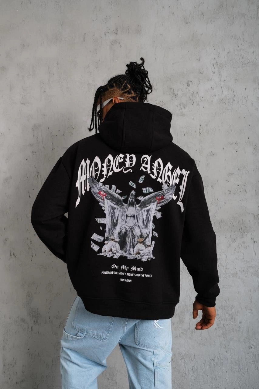 Kordon İpli Baskılı Kapüşonlu Sweatshirt - Siyah -