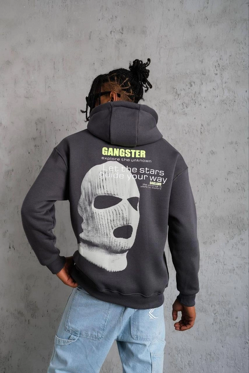 Kordonlu Maske Baskılı Kapşonlu Sweat - Gri