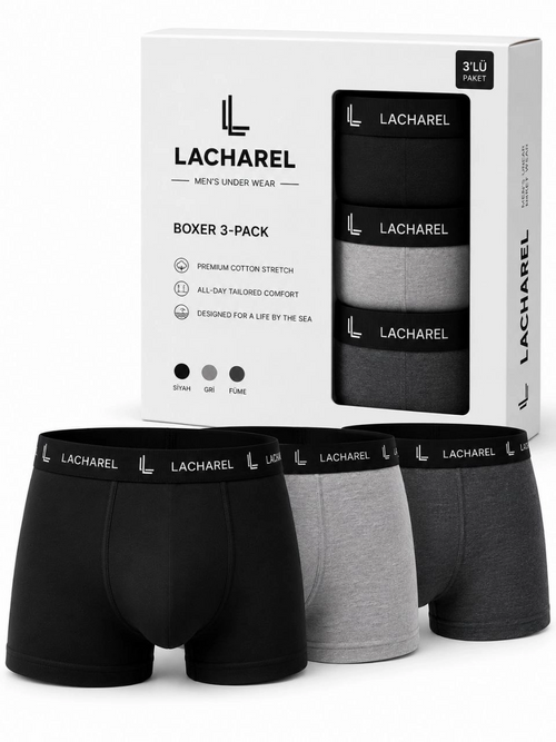 Erkek Likralı Pamuklu Nefes Alan Penye Boxer 3'lü Paket - Siyah - Gri - Füme