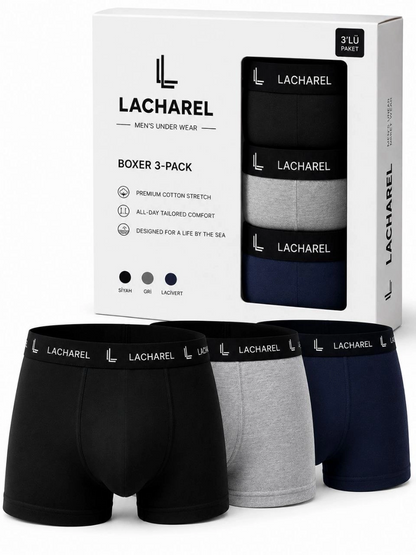 Erkek Likralı Pamuklu Nefes Alan Penye Boxer 3'lü Paket - Siyah - Gri - Lacivert