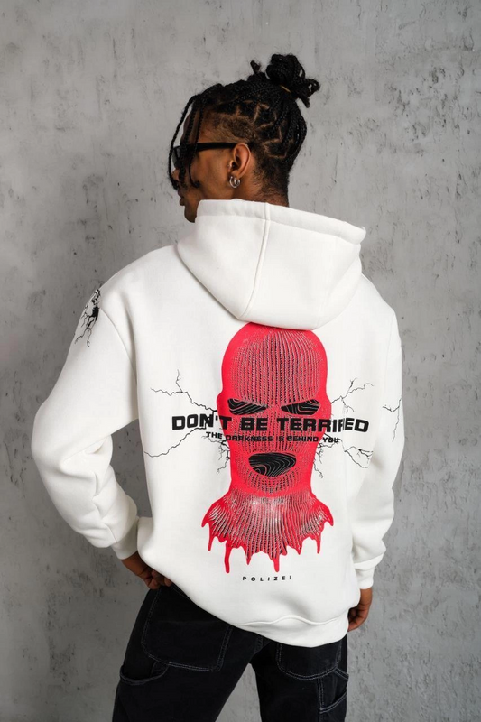 Maske Baskılı Kapüşonlu Sweat - Beyaz