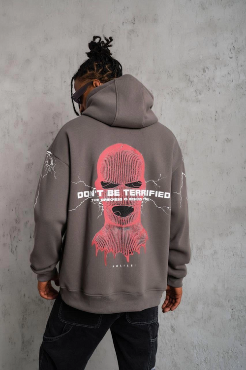 Maske Baskılı Kapüşonlu Sweat - Gri