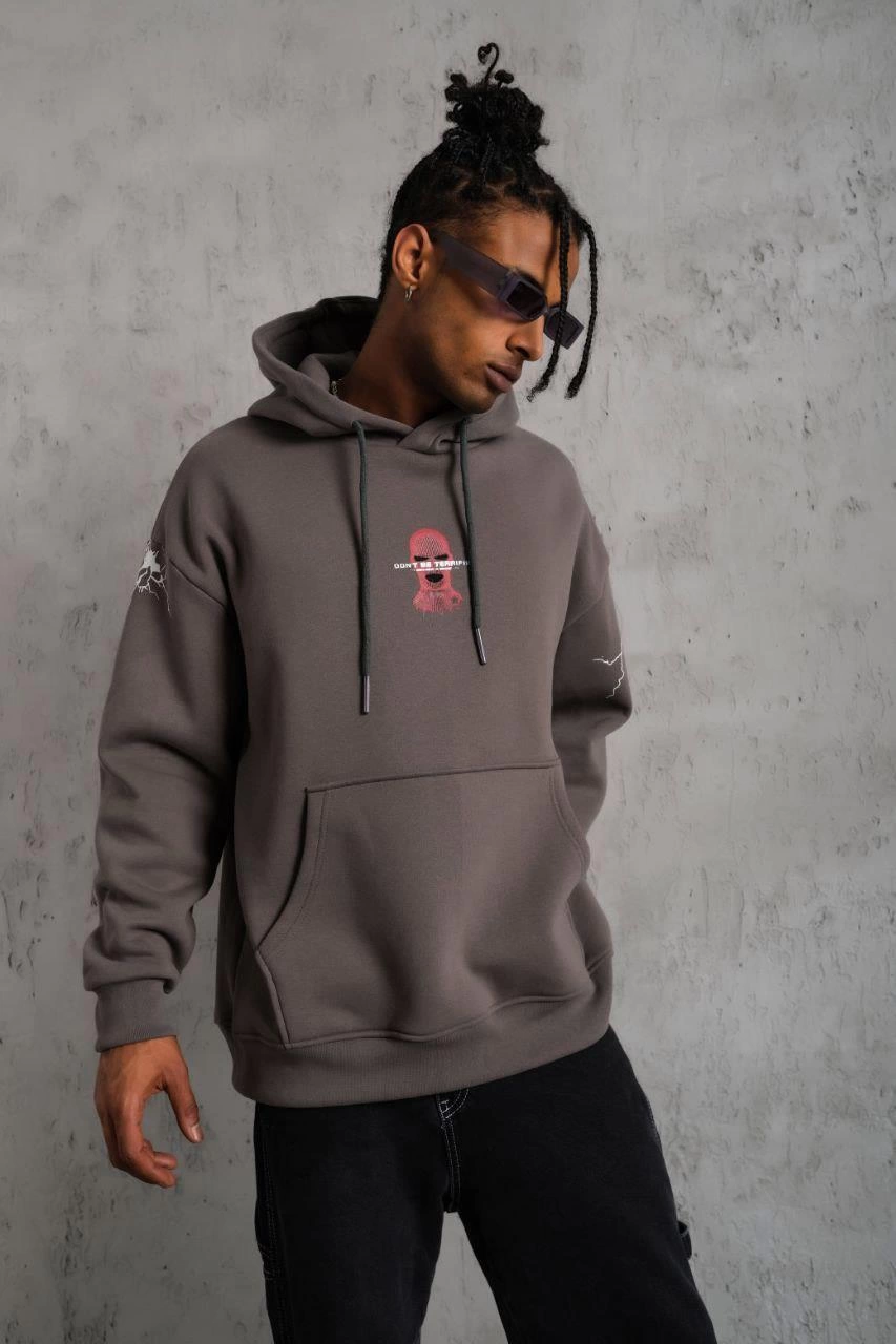 Maske Baskılı Kapüşonlu Sweat - Gri