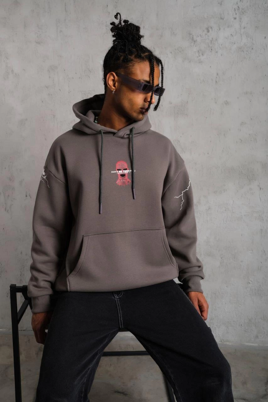Maske Baskılı Kapüşonlu Sweat - Gri