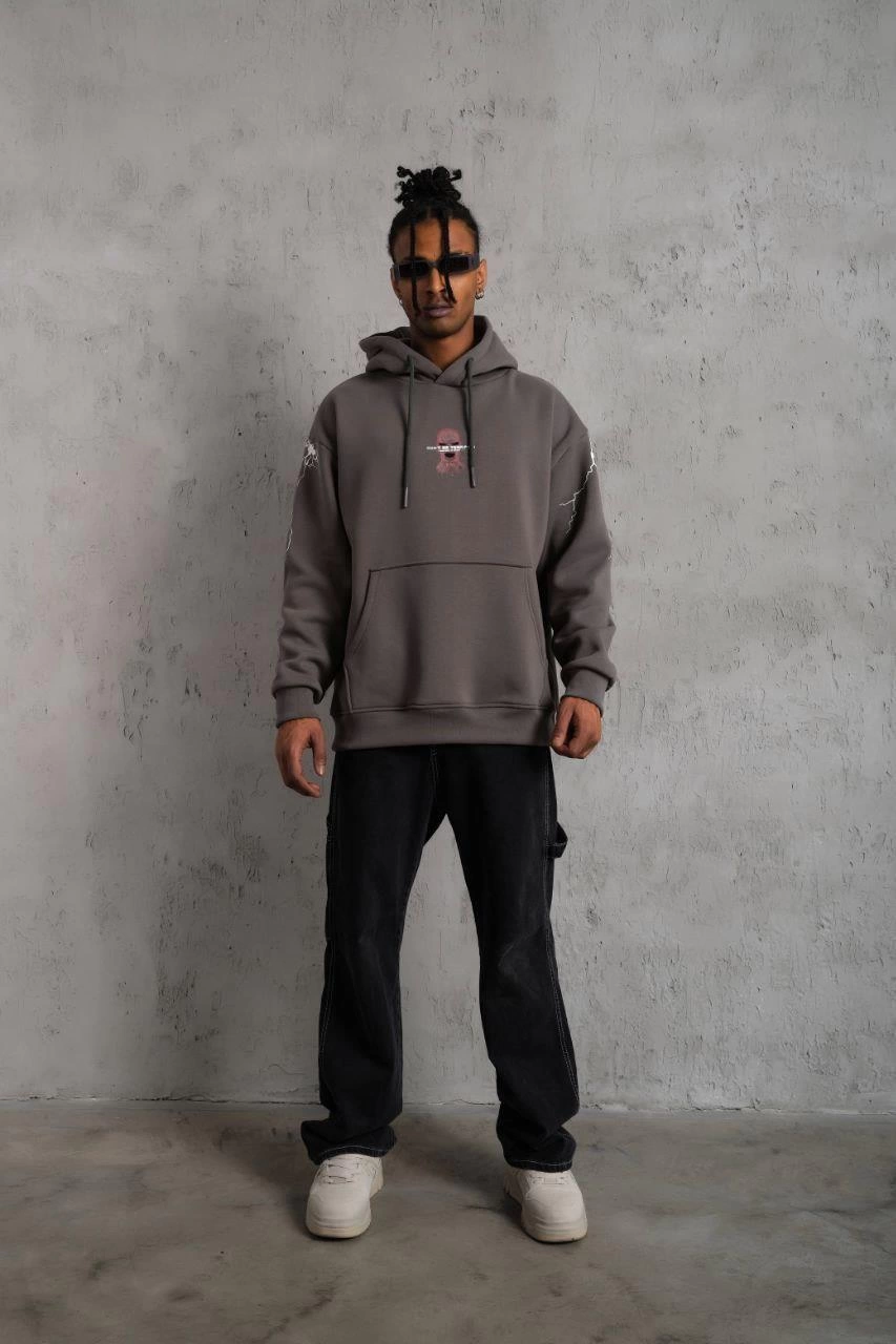 Maske Baskılı Kapüşonlu Sweat - Gri