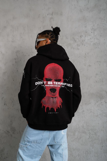 Oversize Üç İplik Kapüşonlu Sweatshirt - Siyah 'Don t Be Terrified' Ön, Sırt ve Kol Baskılı, Kanguru Cepli, Ribanalı Rahat Model- Siyah -