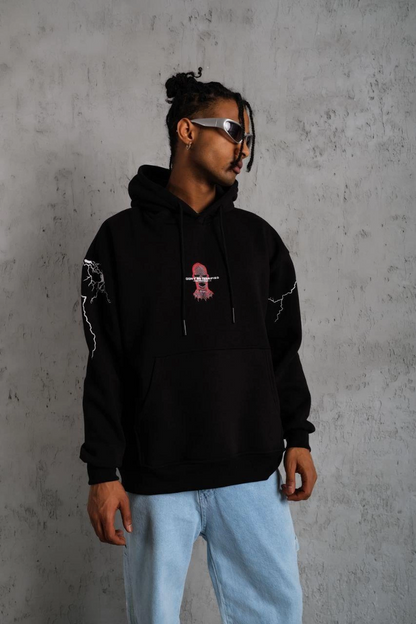 Oversize Üç İplik Kapüşonlu Sweatshirt - Siyah 'Don t Be Terrified' Ön, Sırt ve Kol Baskılı, Kanguru Cepli, Ribanalı Rahat Model- Siyah -