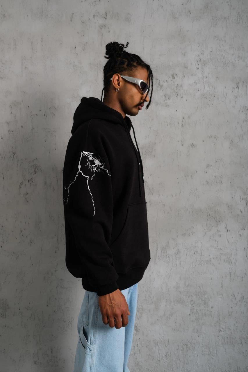 Maske Baskılı Kapüşonlu Sweat - Siyah