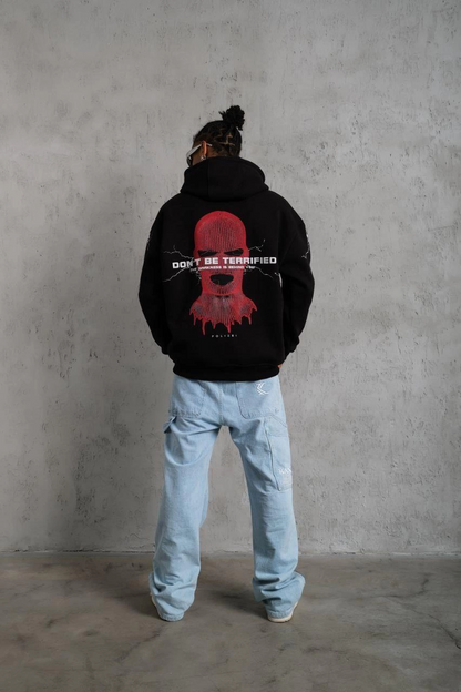 Oversize Üç İplik Kapüşonlu Sweatshirt - Siyah 'Don t Be Terrified' Ön, Sırt ve Kol Baskılı, Kanguru Cepli, Ribanalı Rahat Model- Siyah -