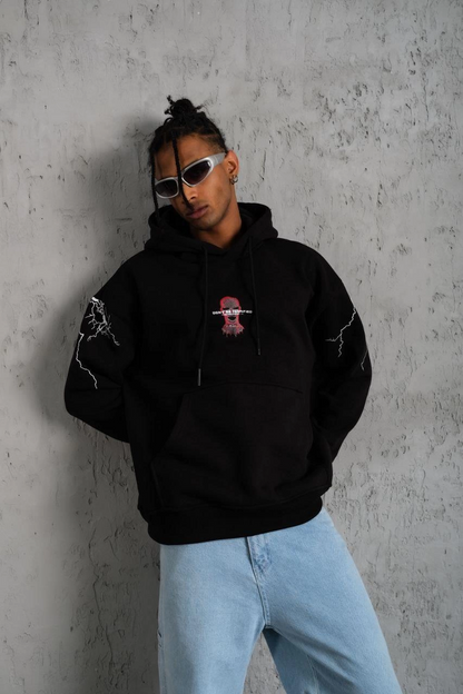 Oversize Üç İplik Kapüşonlu Sweatshirt - Siyah 'Don t Be Terrified' Ön, Sırt ve Kol Baskılı, Kanguru Cepli, Ribanalı Rahat Model- Siyah -