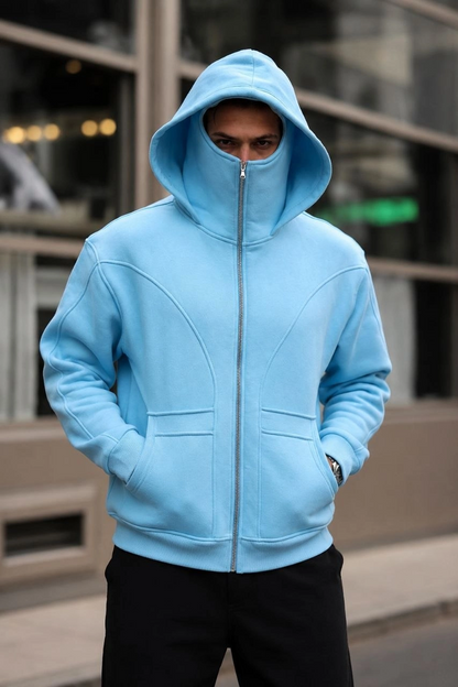 Erkek Maskeli Ninja Model Çift Kapüşonlu 3 İplik Şardonlu Fermuarlı Sweatshirt - Bebek Mavisi