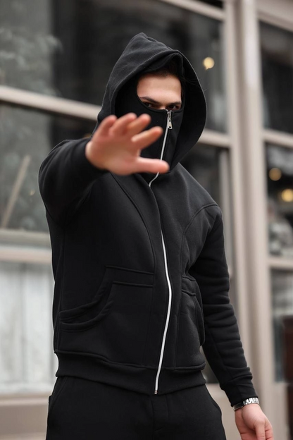 Erkek Maskeli Ninja Model Çift Kapüşonlu 3 İplik Şardonlu Fermuarlı Sweatshirt - Siyah
