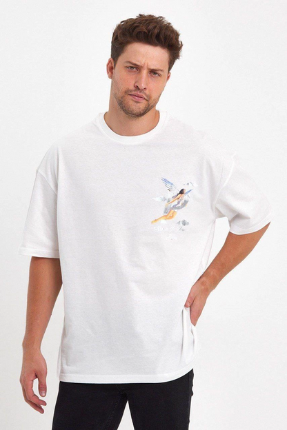 Melek Baskılı Oversize T-shirt - Beyaz -