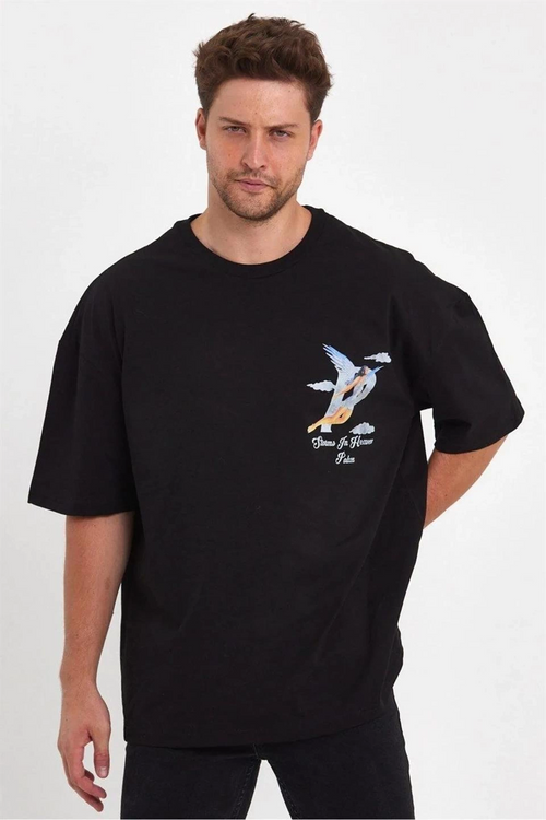 Melek Baskılı Oversize T-shirt - Siyah -
