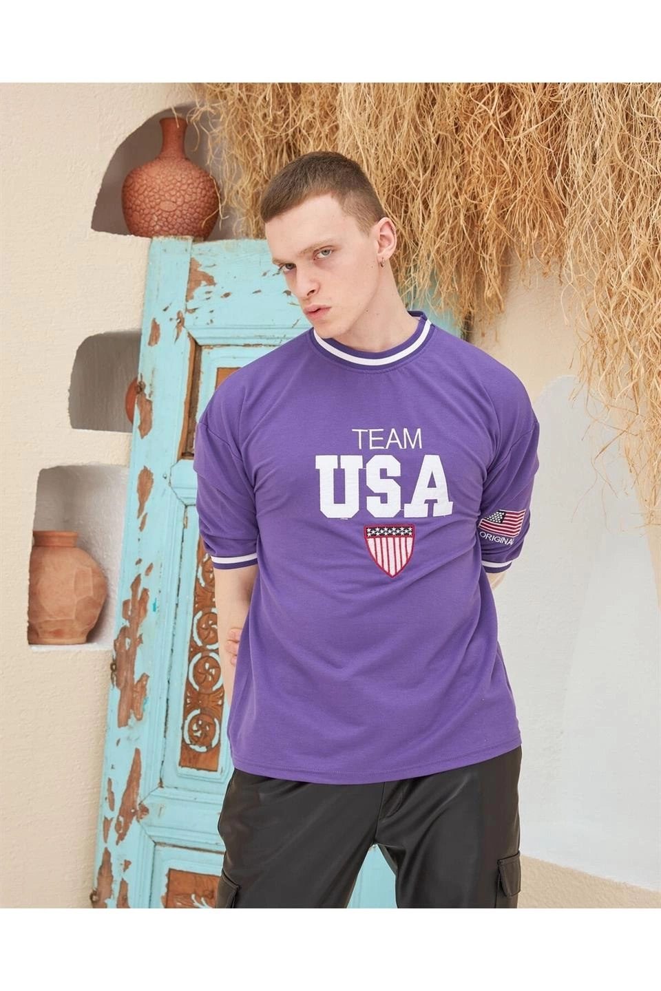 Nakış İşlemeli Ribanalı Oversize T-shirt - Mor