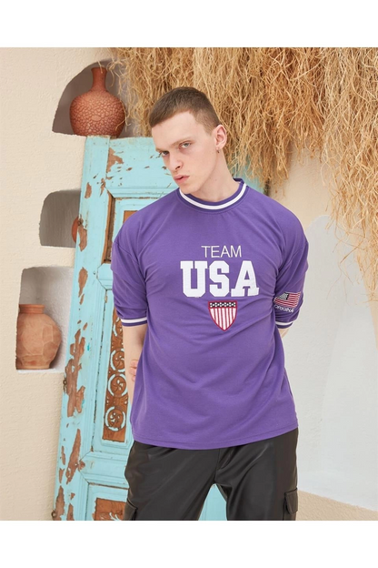 Nakış İşlemeli Ribanalı Oversize T-shirt - Mor