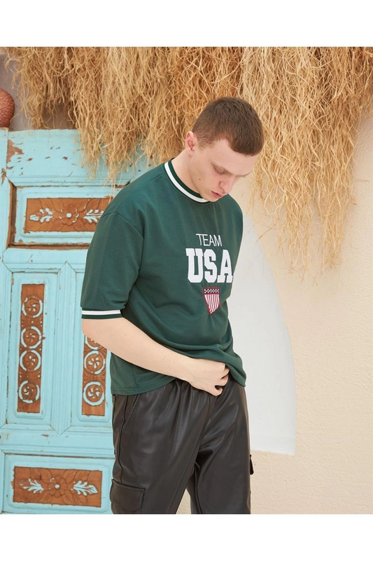 Nakış İşlemeli Ribanalı Oversize T-shirt - Yeşil