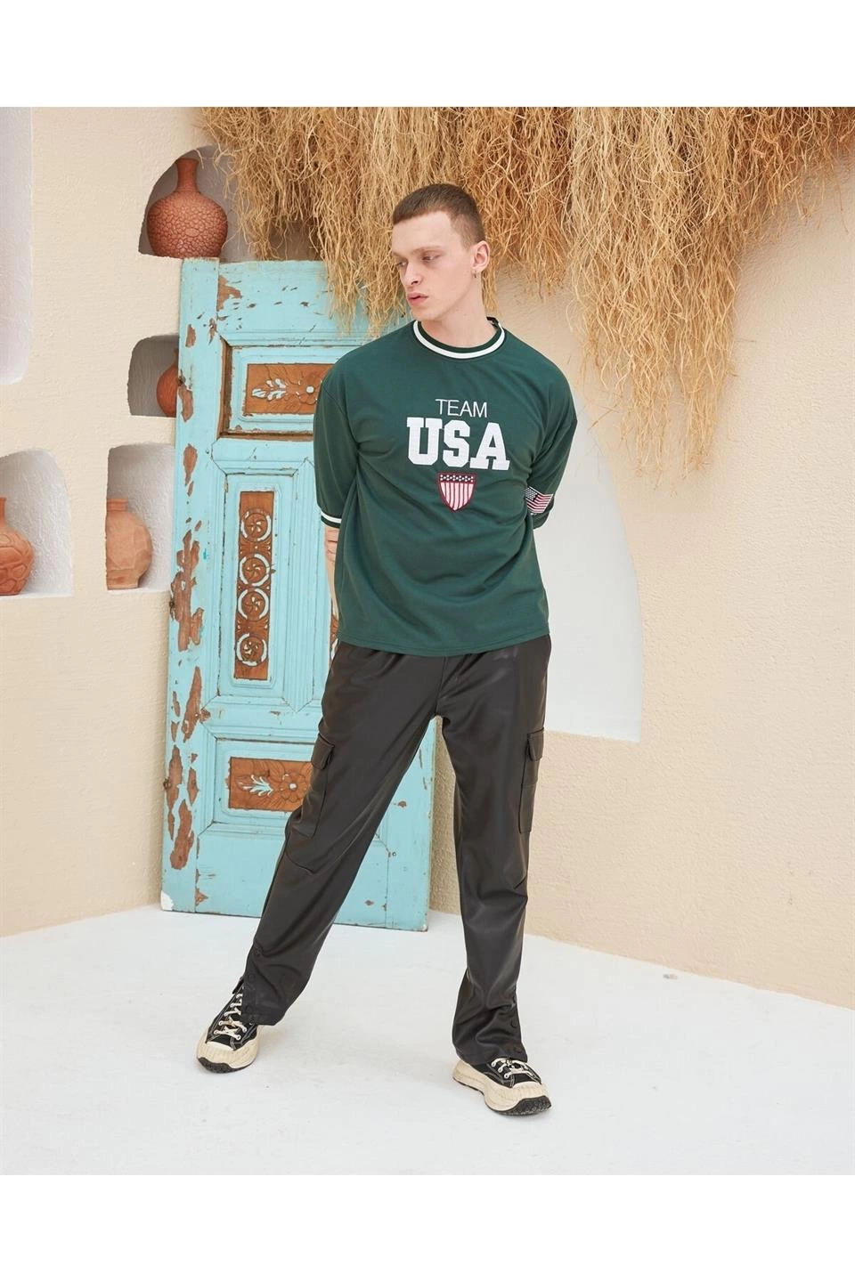 Nakış İşlemeli Ribanalı Oversize T-shirt - Yeşil