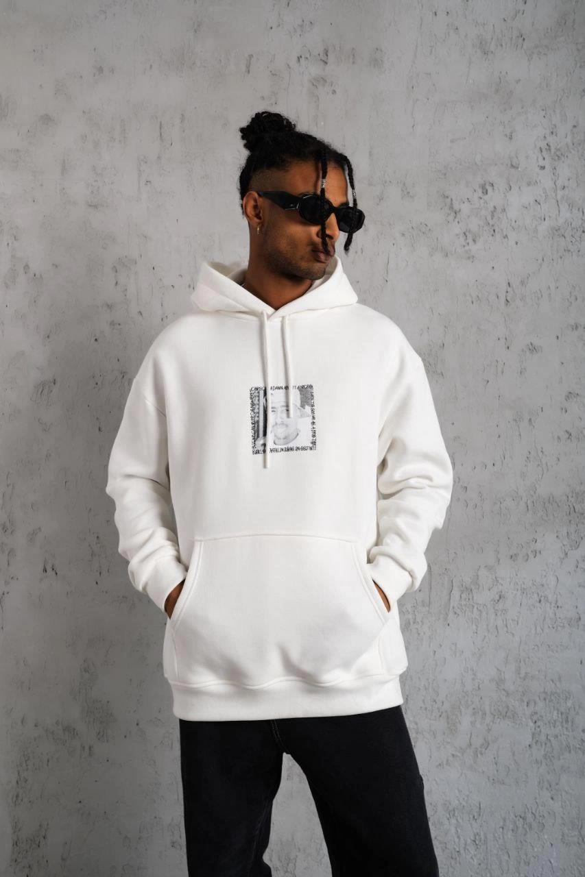 Ön Arka Baskılı Kapşonlu Sweat - Beyaz -