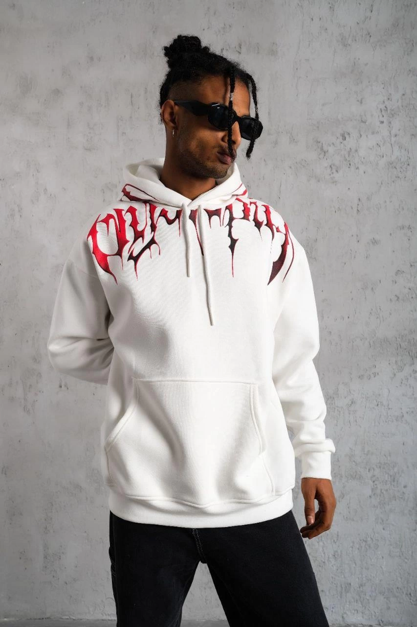 Ön ve Arka Baskılı Kapüşonlu 3 İplik Sweatshirt - Beyaz