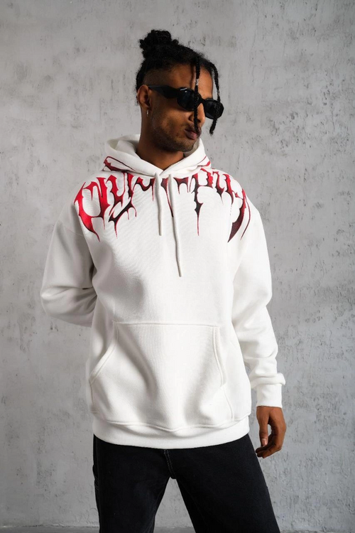 Ön ve Arka Baskılı Kapüşonlu 3 İplik Sweatshirt - Beyaz