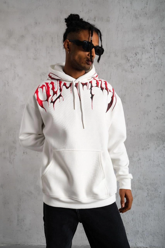 Ön ve Arka Baskılı Kapüşonlu 3 İplik Sweatshirt - Beyaz