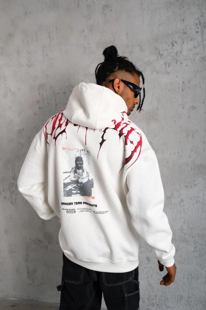 Ön ve Arka Baskılı Kapüşonlu 3 İplik Sweatshirt - Beyaz
