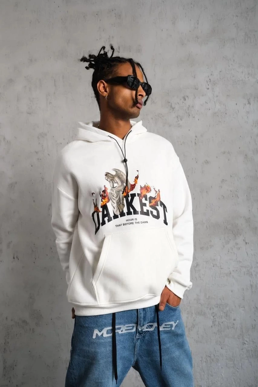 Oversize Kapüşonlu Sweatshirt - Beyaz Renk Üç İplik İçi Pamuklu Kanguru Cepli Baskılı Hoodie Rahat Kalıp Kışlık Günlük Kombinlere Uygun - Beyaz -