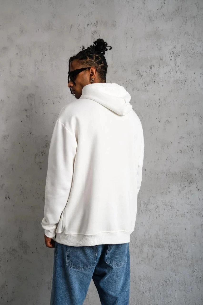 Oversize Kapüşonlu Sweatshirt - Beyaz Renk Üç İplik İçi Pamuklu Kanguru Cepli Baskılı Hoodie Rahat Kalıp Kışlık Günlük Kombinlere Uygun - Beyaz -