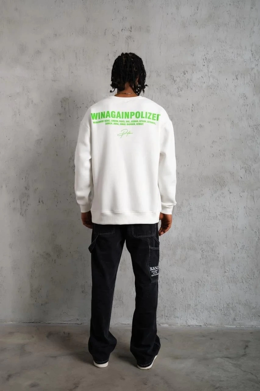 Oversize Sweatshirt - Beyaz Renk | Ön ve Sırt Baskılı, Üç İplik İçi Pamuklu Kumaş, Rahat Kalıp, Ribanalı Kışlık Sweat | Winagain Polizei Serisi - Beyaz
