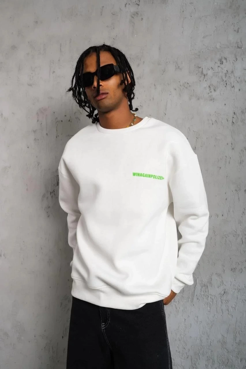 Oversize Sweatshirt - Beyaz Renk | Ön ve Sırt Baskılı, Üç İplik İçi Pamuklu Kumaş, Rahat Kalıp, Ribanalı Kışlık Sweat | Winagain Polizei Serisi - Beyaz