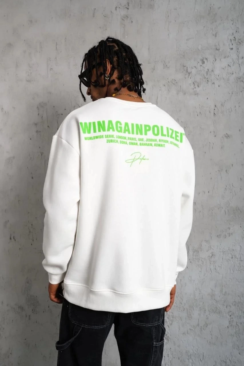 Oversize Sweatshirt - Beyaz Renk | Ön ve Sırt Baskılı, Üç İplik İçi Pamuklu Kumaş, Rahat Kalıp, Ribanalı Kışlık Sweat | Winagain Polizei Serisi - Beyaz