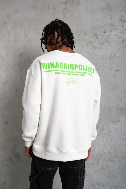 Oversize Sweatshirt - Beyaz Renk | Ön ve Sırt Baskılı, Üç İplik İçi Pamuklu Kumaş, Rahat Kalıp, Ribanalı Kışlık Sweat | Winagain Polizei Serisi - Beyaz