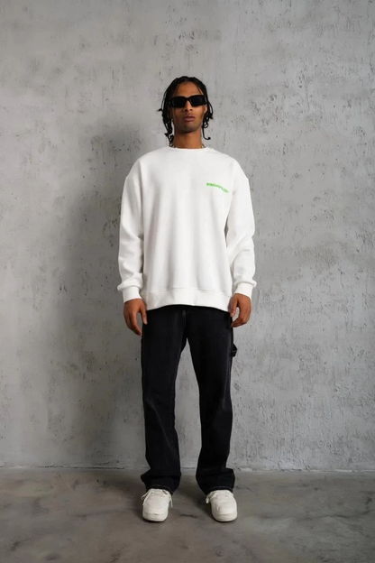 Oversize Sweatshirt - Beyaz Renk | Ön ve Sırt Baskılı, Üç İplik İçi Pamuklu Kumaş, Rahat Kalıp, Ribanalı Kışlık Sweat | Winagain Polizei Serisi - Beyaz