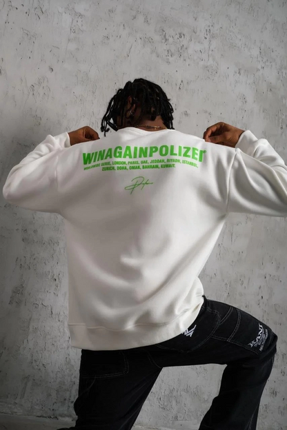 Oversize Sweatshirt - Beyaz Renk | Ön ve Sırt Baskılı, Üç İplik İçi Pamuklu Kumaş, Rahat Kalıp, Ribanalı Kışlık Sweat | Winagain Polizei Serisi - Beyaz