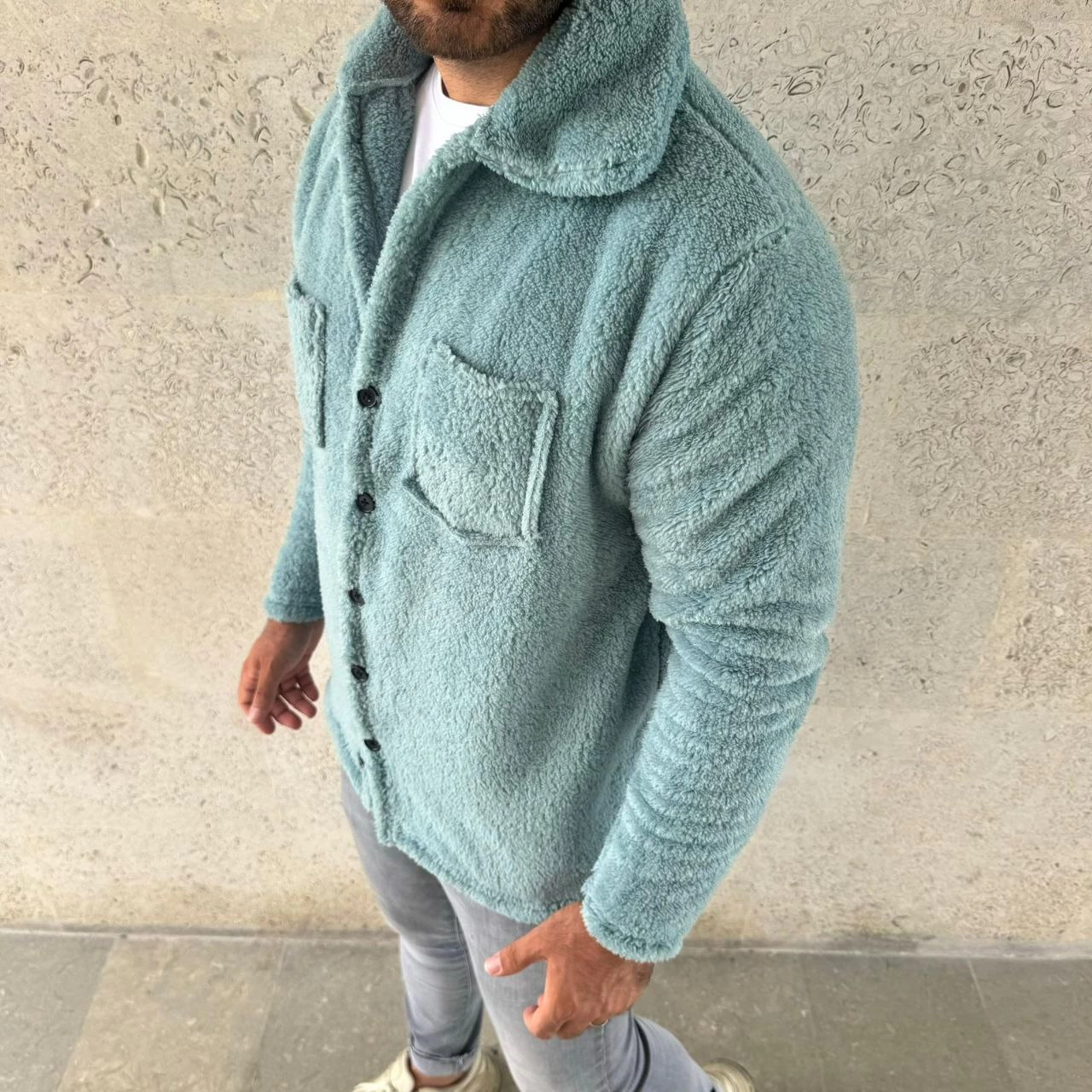 Pelüş Polar Hırka Gömlek - Yakalı, İlik Düğmeli, Göğüs Cepli, Yumuşak Dokulu Kışlık Regular Fit Rahat Günlük Model - Bebe Mavisi -
