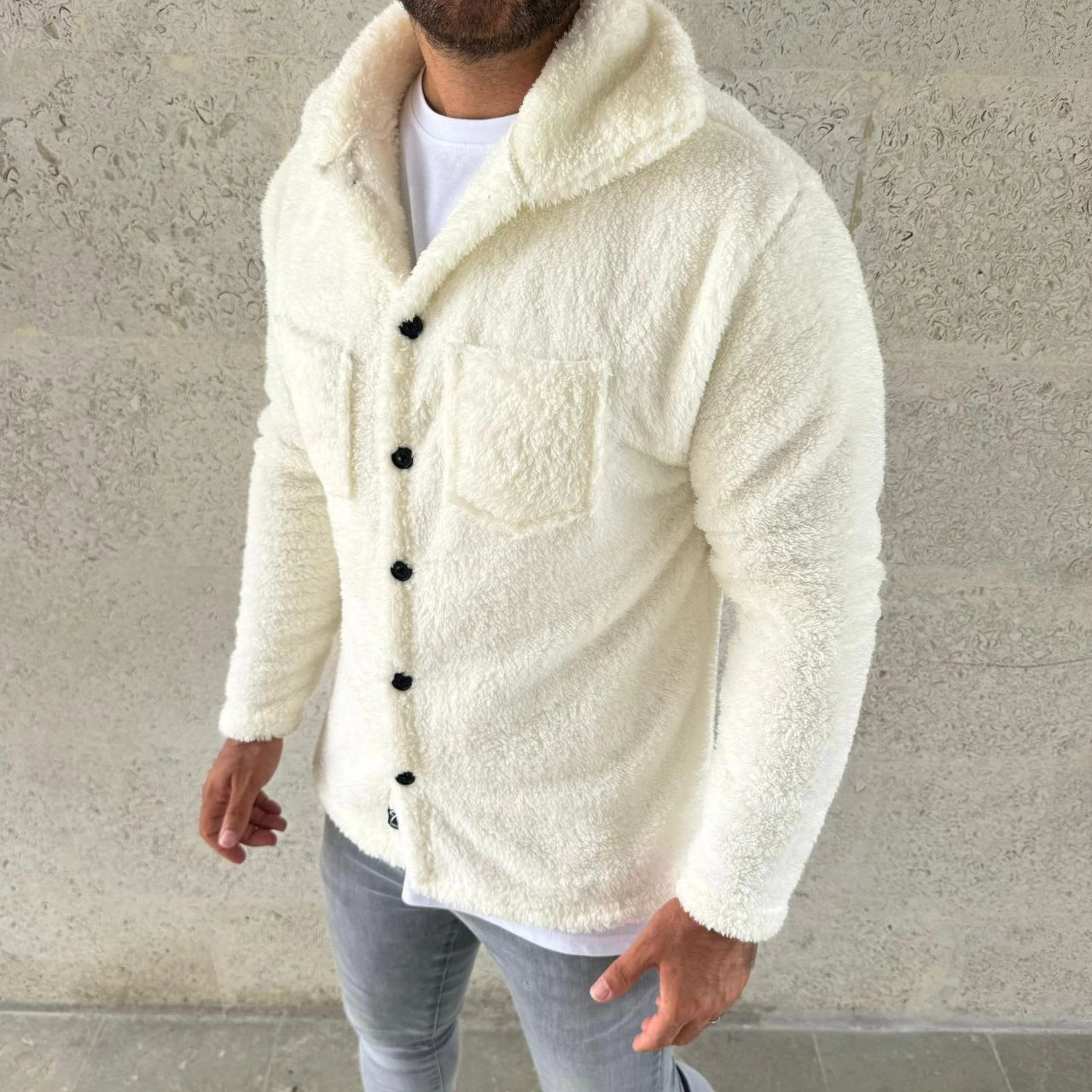 Pelüş Polar Hırka Gömlek - Beyaz -
