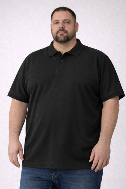 Erkek Polo Yaka Düğmeli Tişört Pike Kumaş Battal Beden Kısa Kol T-Shirt - Siyah